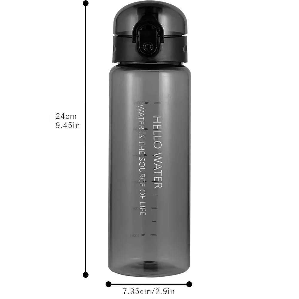 Alt Tag: 780ml Sporty Reusable Water Bottle with Time Marker, sleek black design, 24cm height, 7.35cm width, ideal for daily hydration.